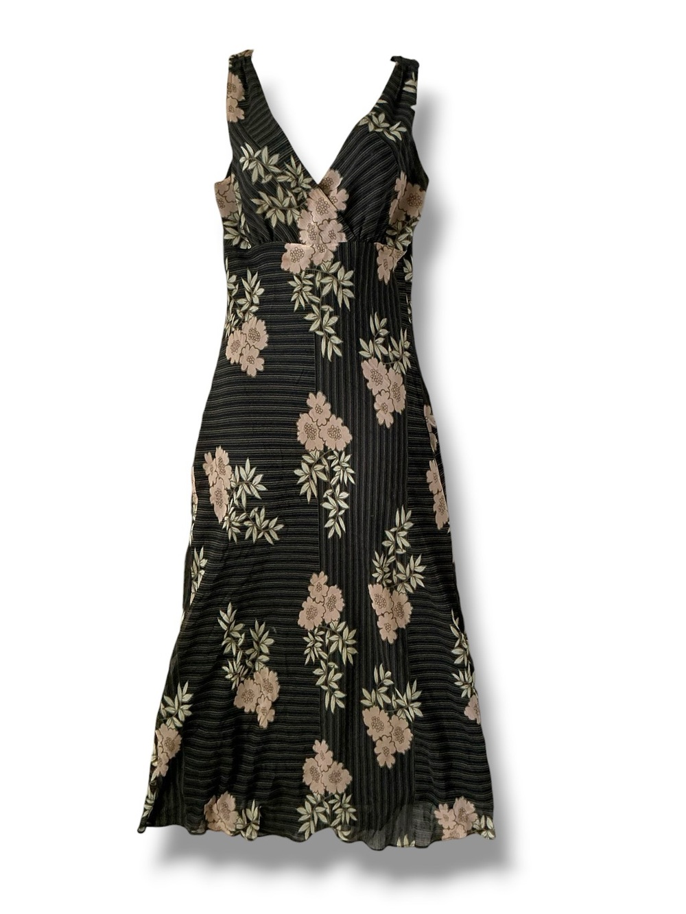 Vintage MAX & CLEO MIDI Dress Black Blush Floral Size 8 100% Silk 90’s